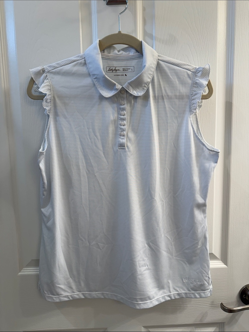 Lady Hagen Women's Light Blue dot Sleeveless Polo with Ruffle Shoulders